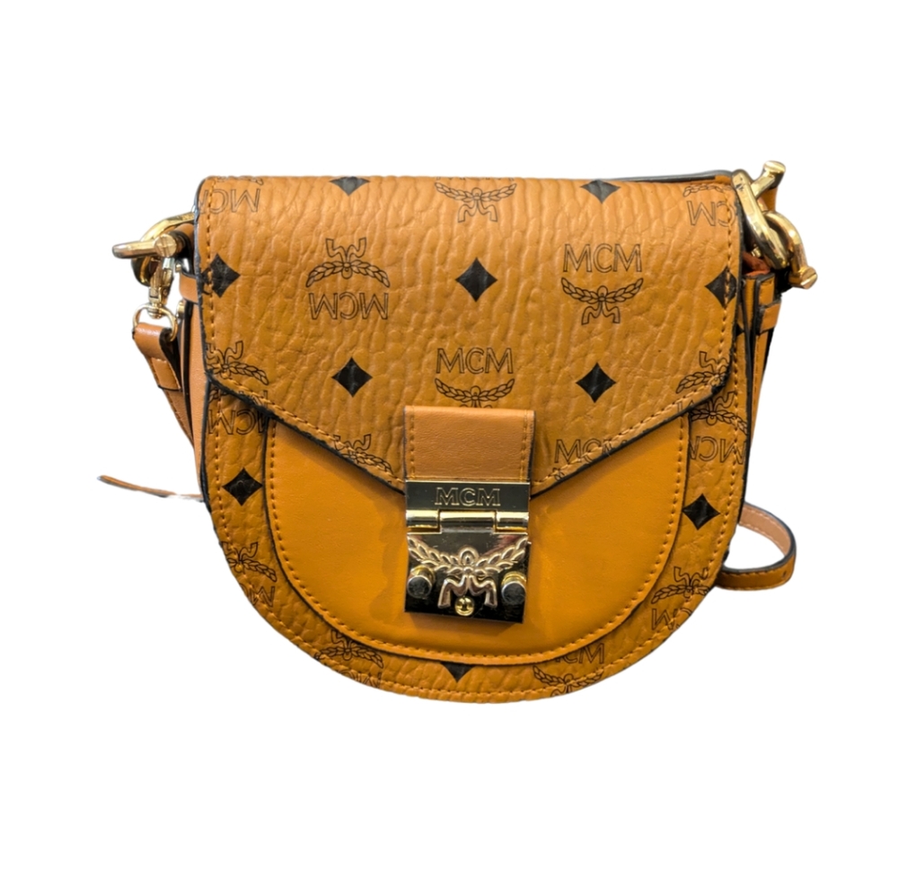 MCM Patricia Visetos Small Crossbody Cognac